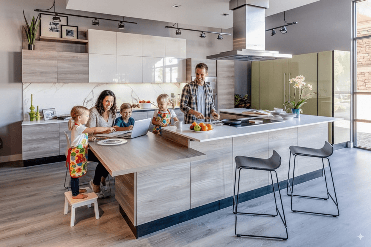 Cocina integral moderna con isla y acabados de madera