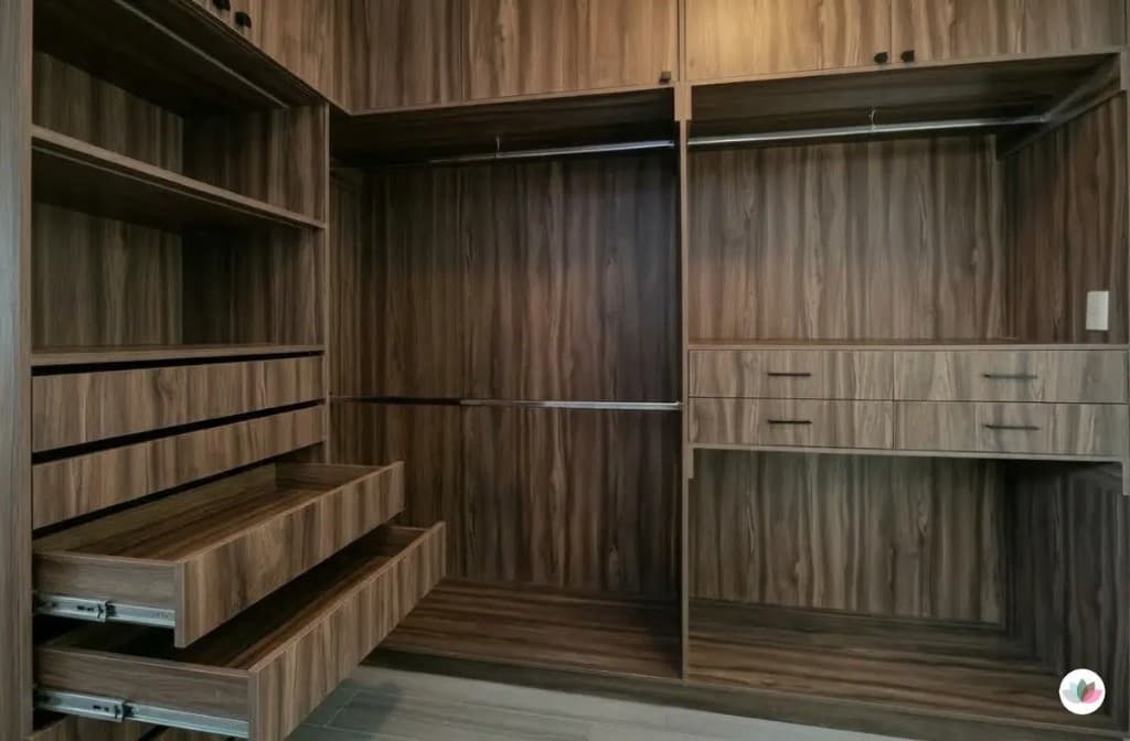 Imagen con un vestidor muy organizado con accesorios de mujer